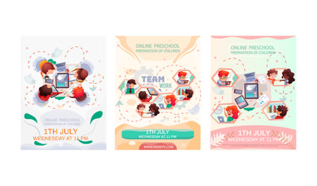 Set of illustrations about team working with education program. Online preschool preparationのイラスト素材