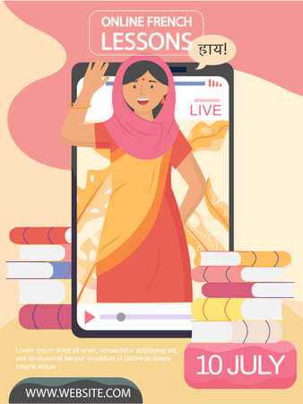 Woman teacher in national Indian sari speaks foreign language during online lesson on screenのイラスト素材