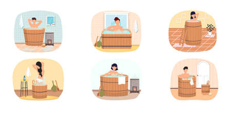Set of illustrations on topic of pastime in bath. People are resting in sauna in wooden barrelsのイラスト素材