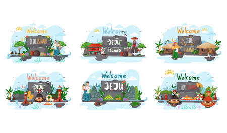 Wellcom to Jeju island in South Korea, traditional elements. Attraction landmarks of Jejuのイラスト素材