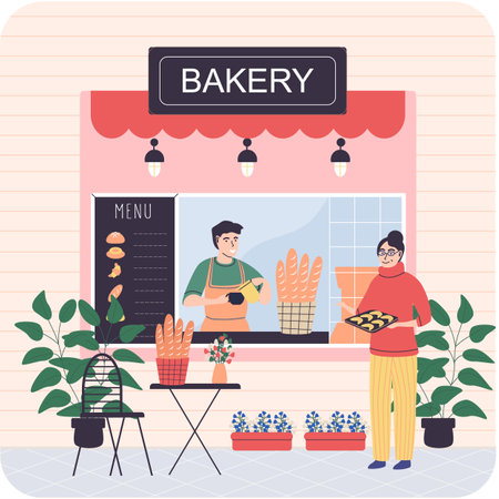 Bakery shop building facade with signboard. Baking store, bread, pastry and dessert city shopのイラスト素材