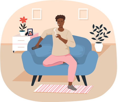 African man with TV remote is smoking in living room. Guy with cigarette relaxing in apartment aloneのイラスト素材