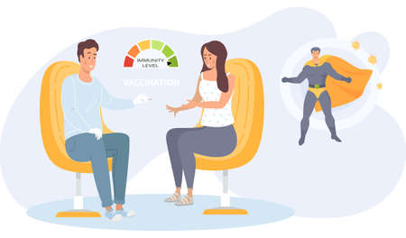 Guy communicates with girl about injection. Virus vaccination, doctor gives syringe to patientのイラスト素材