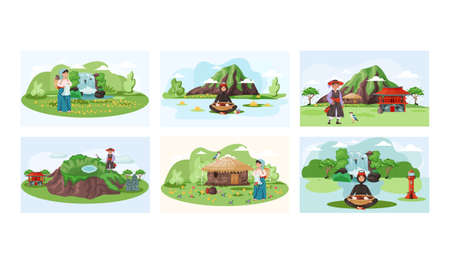 Wellcom to Jeju island in South Korea, traditional elements. Attraction landmarks of Jejuのイラスト素材