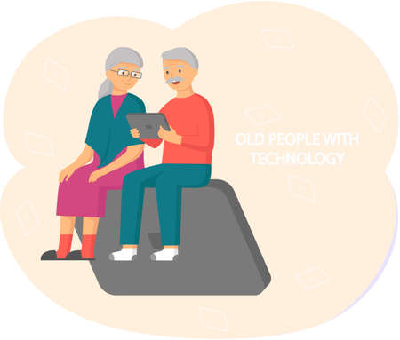 Old couple pensioner parents communicate with adult child. Online communication, conversation with relatives via Internet. Elderly parents are sitting at computer and talking to their daughterのイラスト素材