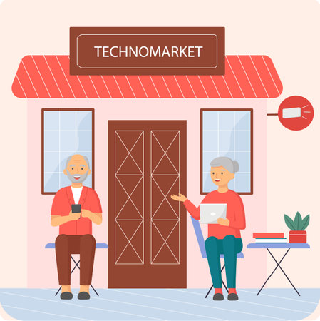 Elderly people are using technologies, surfing internet together against background of techno marketのイラスト素材