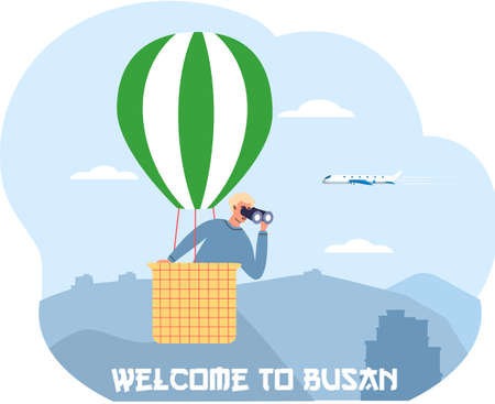 Welcome to Busan travel poster with man in hot air balloon looks through binocular in South Korea. Traveler male character journey against background of sky and mountains, extreme excursionのイラスト素材