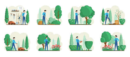 People gardening. Man planting gardens flowers, agriculture gardener hobby and garden job. Gardening person, gardener flowers cutter working. Backyard landscaping, plants cultivating, maintenanceのイラスト素材