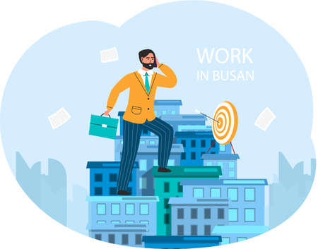 Businessman working in South Korea. Man holding bag and talking on phone in Busan modern big city. Person gets things done at work against background of sky and documents, climbs buildings to targetのイラスト素材