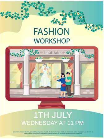Shop of goods and festive clothing with wedding dress on mannequin. Couple thinking about wedding. People in relationship walking near bridal salon storefront. Fashion workshop concept posterのイラスト素材