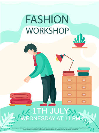 Man designer is working with stack of textiles on floor. Male seamstress creates clothes from fabric. Fashion workshop concept poster. Custom tailoring and order of sewing clothes on websiteのイラスト素材