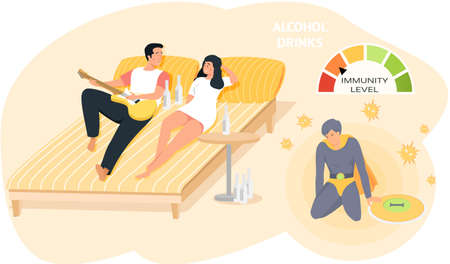 People drink alcohol and playing guitar together at home. Addicted musicians in relationship with alcohol beverage at home. Immunity level decreases due to drinking. Unhealthy lifestyle conceptのイラスト素材