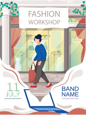 Wedding dress shop, bride daily life. Girl with bag walking near bridal salon storefront. Mannequin in elegant bridal clothes collection in fashionable boutique. Fashion workshop concept posterのイラスト素材