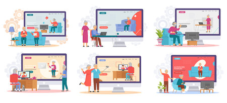 Old people play video game. Modern senior people gadgets. Oldster education computer. Old progressive use modern technology. Learning to use PC. Elderly couple gadgets. Aging parents video conferenceのイラスト素材