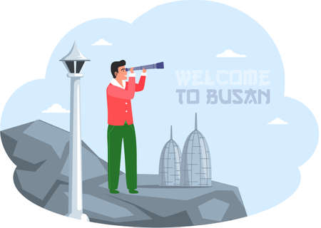 Welcome to Busan travel poster with Man stands on gray mountain and looks through telescope. Guy on excursion in South Korea. Traveler smiles, holding spyglass and stands against backdrop of cityscapeのイラスト素材