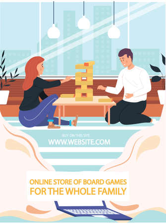 Happy couple playing  at home on weekend. People are spending time together and playing with board game with wooden tower at table. Online store of board games for whole family concept posterのイラスト素材