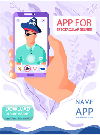 Man making selfie with filter adding pirate costume. Funny guy taking self photo face portrait on smartphone. Phone camera addiction vector illustration. App for spectacular selfies concept posterのイラスト素材