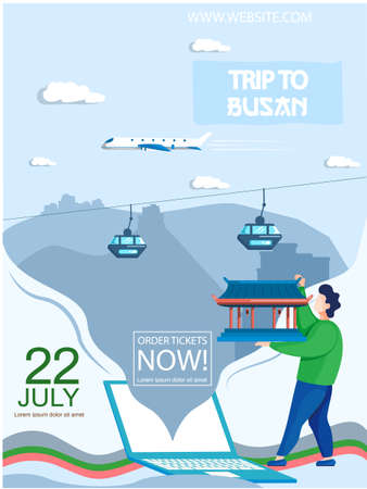 Trip to Busan advertising banner. Modern cable car in mountaine landscape, landmark of korean city. Travel company poster for travelers, vacation to south korea, major port city with attractionsのイラスト素材