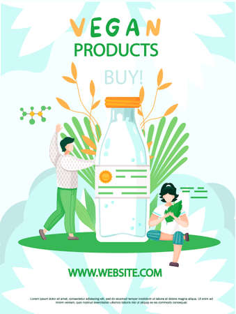People adhere to healthy lifestyle and proper nutrition. Characters near large bottle of vegan milk vector illustration. Lactose-free, plant-based milk. Vegan products shopping website concept posterのイラスト素材