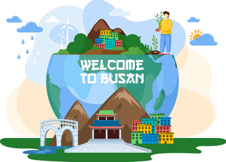 Welcome to Busan tourist travel promotion poster with beautiful nature, traditional buildings. Journey to asian country in South Korea, tourism banner, entertainment and excursions in modern big townのイラスト素材