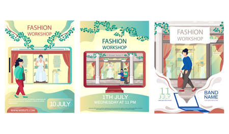 Set of illustrations about bridal salon. People walk next to boutique with wedding dress behind glass showcase. Mannequin in bridal clothes collection in boutique. Fashion workshop concept posterのイラスト素材