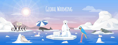 Global warming, environment pollution, global warming heating impact. Change climate. Penguins and polar bear floating on iceberg. World Environment Day, sun ecology. Global warming ice landscapeのイラスト素材