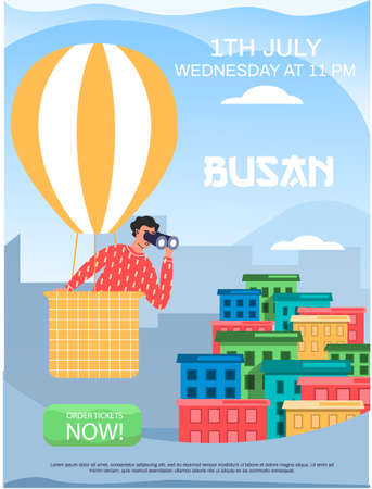 Man in hot air balloon looks through binoculars at big city Bysan. Guy on air excursion in South Korea. Traveler male character journey against background of sky, colored buildings and mountainsのイラスト素材
