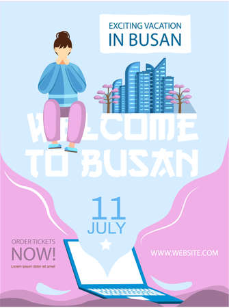 Exciting vacation welcome to Busan. Girl sitting near city with tall buildings and pink trees. Person travels in Korean city. Buying tickets for travel in laptop. Interesting excursion abroad in Asiaのイラスト素材