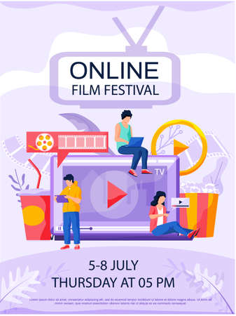 Online film festival, cinema via internet concept poster. People watching movie by online streaming, millenial vlogger. Website for watching fesivals landing page template, ui, web, homepage, bannerのイラスト素材