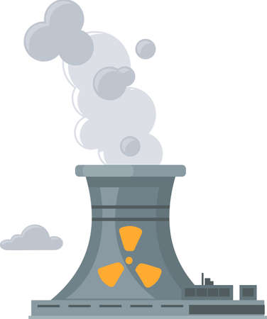 Nuclear plant, smoke from factory chimney icon, air pollution concept. Factory with symbol of radiation and radioactive substances isolated on white background. Nuclear power plant pollutes airのイラスト素材
