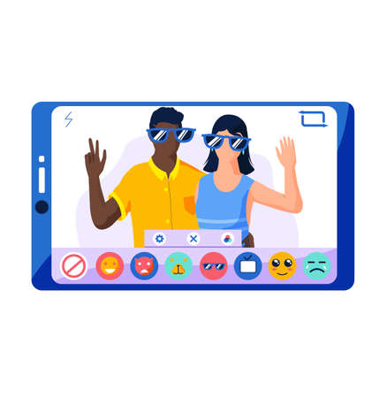 Beauty filters for selfie screen interface photo frame in social media application with happy couple in glasses. Selfie design app post template. Phone with program for edit photo, snapshot processingのイラスト素材