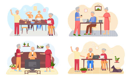 Old people play video game. Modern senior people gadgets. Oldster education computer. Old progressive use modern technology. Learning to use PC. Elderly couple gadgets. Aging parents video conferenceのイラスト素材