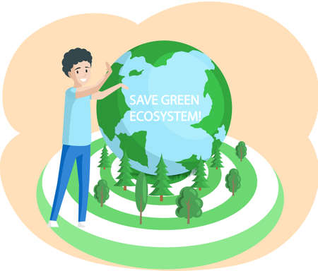 Climate and weather change of planet. Eco friendly, biodiversity, conservation and environmental protection concept. Flora and fauna on Earth. Green ecosystem of Earth. Care of nature and ecologyのイラスト素材