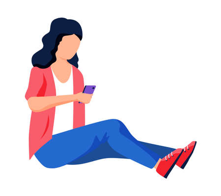 Woman is holding electronic device. Girl sitting with smarthone in her hands looks at screen. Female character watching video or movie. Lady spends time watching movie on phone vector illustrationのイラスト素材
