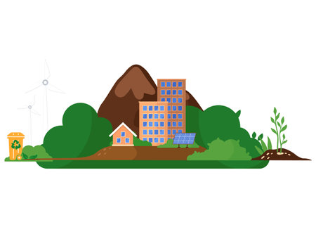 Different power generation ways, nuclear, fossil fuel or coal, and renewable or sustainable energy sources. Wind power or wind turbines, solar panels to provide city with alternative electricityのイラスト素材