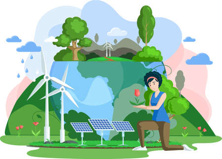 Climate and weather change of planet. Eco friendly, biodiversity, conservation and environmental protection concept. Flora and fauna on Earth. Green ecosystem of Earth. Care of nature and ecologyのイラスト素材