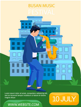 Open air concert in outdoor summer music festival in South Korean city Busan natural landscape promotional banner. Artist plays saxophone, member of musical group plays piano in advertising posterのイラスト素材