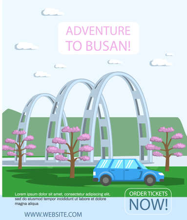 Exciting vacation in major port city Busan tourist travel promotion poster with cityscape summertime. Journey to asian country south korea, summer tourism banner, auto excursions, entertainmentのイラスト素材