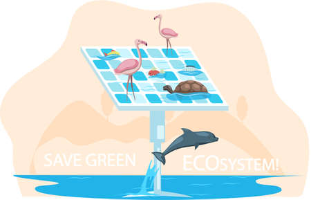 Alternative sources of energy. Production of green electricity without harm to environment. Creation of eco friendly energy. Save ecosystem concept. Solar panel with different sea creaturesのイラスト素材