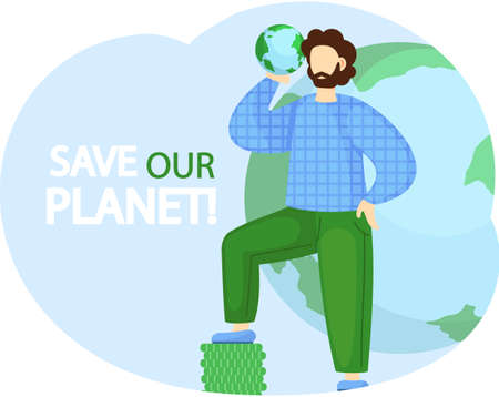Save our planet concept. Nature and ecology modern graphic design poster. Guy standing with small globe in his hands. Green ecosystem on Earth. Man thinking about environment and caring for natureのイラスト素材