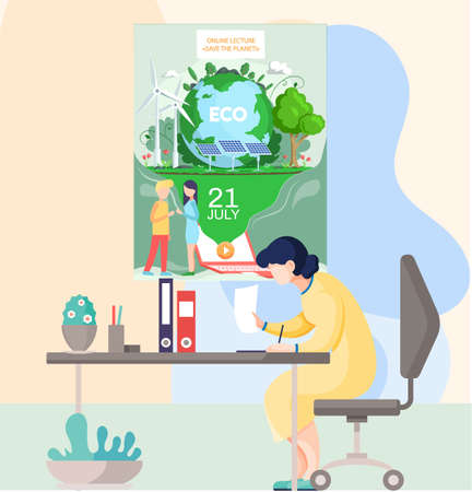 Alternative sources of energy. Girl works with production of green electricity. Creation of eco friendly energy. Online lecture about saving planet concept poster. Woman develop lecture about natureのイラスト素材