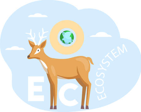 Eco friendly, nature conservation, environmental protection. Deer on abstract background with planet. Representative of biodiversity of planet Earth. Wild animal standing near lettering ecosystemのイラスト素材