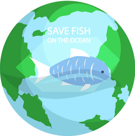 Blue sea fish on background of planet. Eco friendly nature conservation, ocean protection. Representative of biodiversity, marine inhabitant is swimming in ocean. Save fish in ocean conceptのイラスト素材
