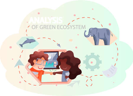 Nature and ecology modern graphic design poster. People are analyzing green ecosystem of planet. Team is working with ecological theme. Employees conduct research of fish and animals on earthのイラスト素材