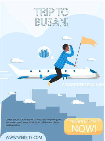 Man flying to Korea on white plane, trip to Busan. Person travels with yellow flag in his hand riding an airplane. Guy on excursions in South Korea. Plane flying with tourist against sky with cloudsのイラスト素材