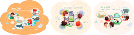 Take care of planet. Nature and ecology modern graphic design poster. People analyze green ecosystem of planet. Teamwork with ecological and environmental theme. Employees conduct nature researchのイラスト素材