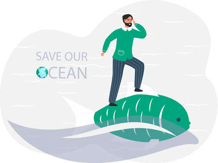 Take care about planet. Nature and ecology modern graphic design poster. Guy standing on large fish and looks to future. Man thinking about environment and caring for nature. Save our ocean conceptのイラスト素材