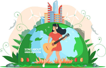 Woman plays guitar on background of planet. Girl singing songs about green ecosystem, person is resting in nature. Caring for environment of Earth. Lady with headphones performs song on guitarのイラスト素材