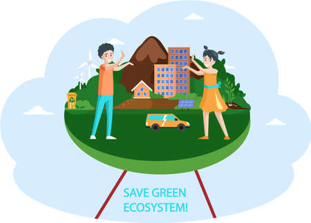Eco save environment pictures. Ecological ecosystem and pollution. People taking care of planet collage. Green energy and eco friendly. Zero waste, think green, save the planet. Green eco cityのイラスト素材