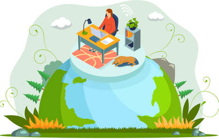 Remote working and networks. Professional business teleworkers connecting online and remote work from home for corporate company. Global outsourcing distributed team, freelance job. Remotely by leaderのイラスト素材